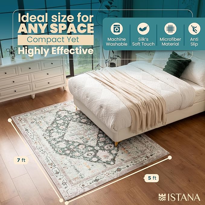 Istana 5x7 Area Rug - Light Green/Beige Rugs for Living Room 5x7 - Foldable Rugs for Bedroom - Stain Resistant Washable Rug - Eco-Friendly Boho Area Rugs - Easy to Clean Living Room Rug