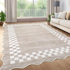 GarveeHome 8x10 Area Rug for Living Room Scalloped Washable Large Bedroom Rug Non Slip Stain Resistant Modern Border Dining Room Throw Carpet Scalloped Boho Rug for Home Decor Office Nursery, Fog