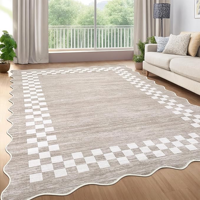 GarveeHome 10x13 Area Rug Large Living Room Scalloped Rug Non Slip Low Pile Bedroom Throw Carpet Soft Modern Bordered Dining Room Rug Stain Resistant Boho Carpet for Home Office, Fog