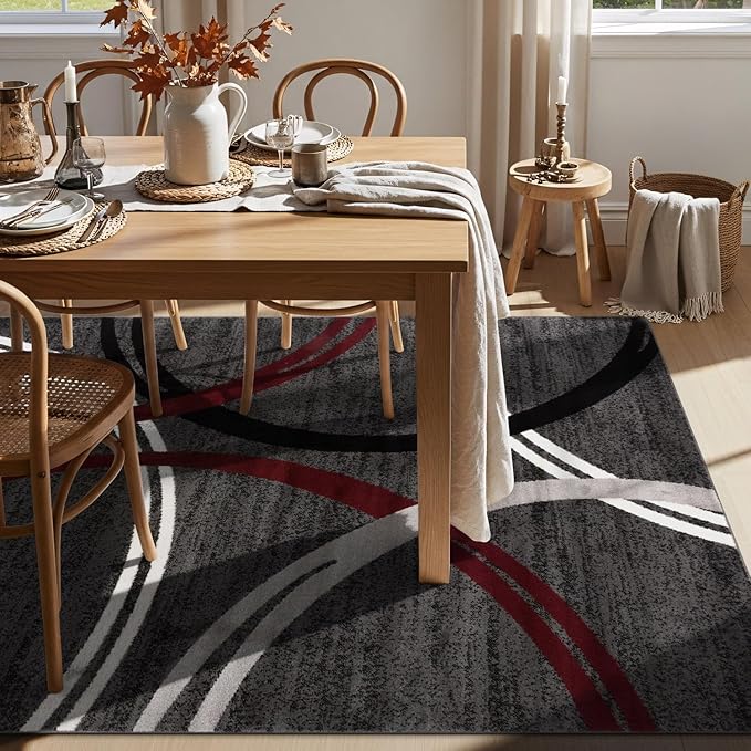 Rugshop Modern Wavy Circles Design Non-Shedding Area Rug, Carpet for Living Room, Dining Room, or Bedroom, Red, 5'3" x 7'3"