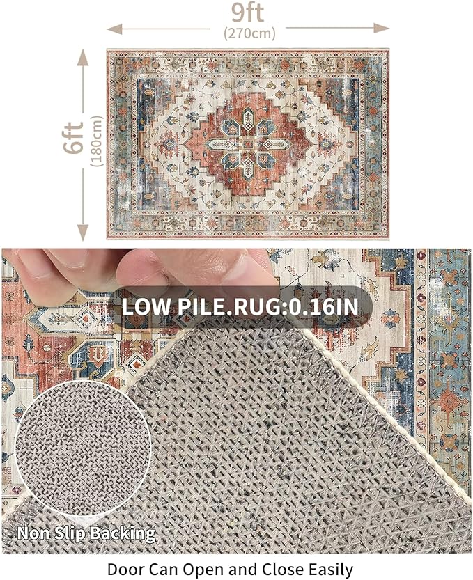 Enkor Area Soft Rugs 6x9 Washable Non Slip Boho Floor Rugs for Living Room Bedroom, Vintage Style Farmhouse Mat for Kitchen Entryway Beige & Red