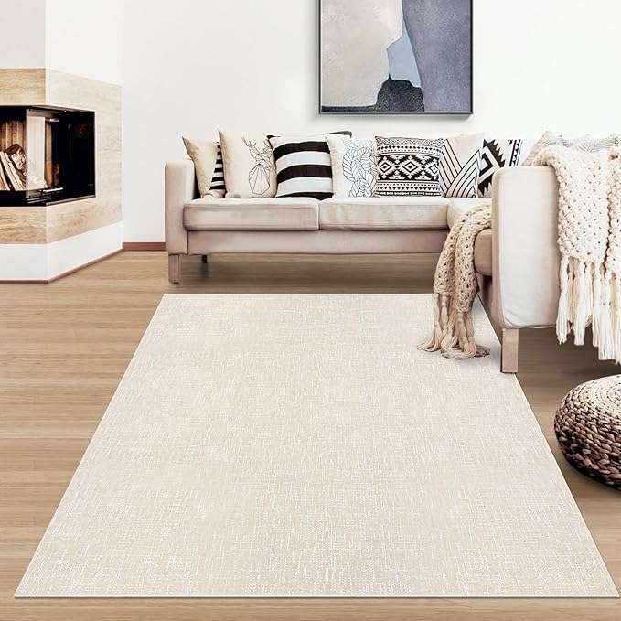 RUGSREAL 6x9 Large Bedroom Area Rug Soft Modern Area Rug for Living Room Non-Slip Stain Resistant Abstract Throw Floor Carpet Contemporary Rug Solid Color Accent Rug for Dining Room Office, Cream