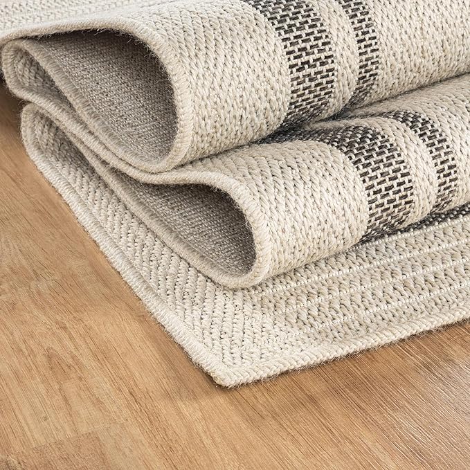 Beverly Rug Easy Jute Bordered Rug 6x9 Washable Durable Indoor Outdoor Area Rugs for Living Dining Room Patio Office Stain Resistant Non Shedding Casual Indoor Outside Carpet 6 x 9 Off-White