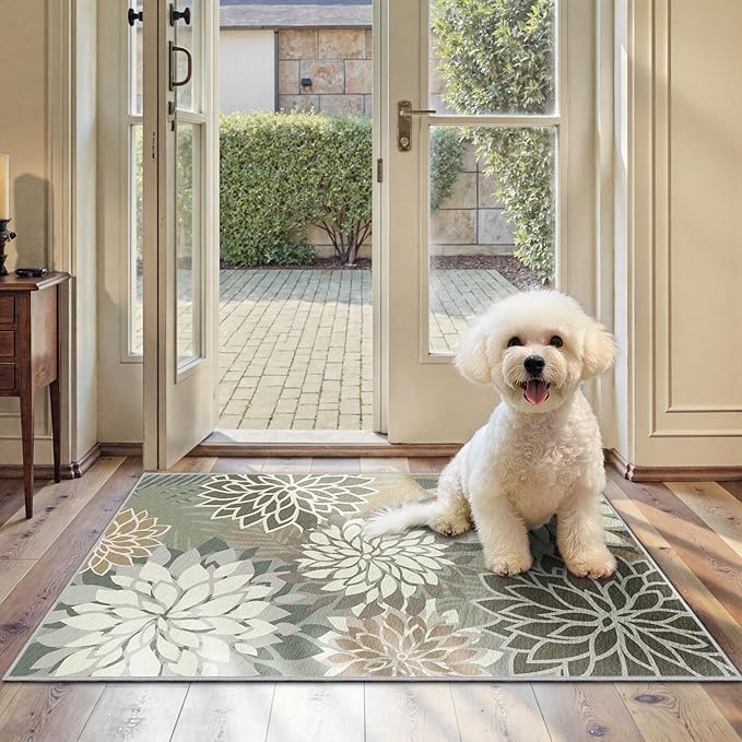 2x3 Washable Small Rug Tropical Botanical Modern Floral Indoor Chenille Door Mat Carpet Non Slip for Patio, Entry Way, Entrance, Porch, Taupe