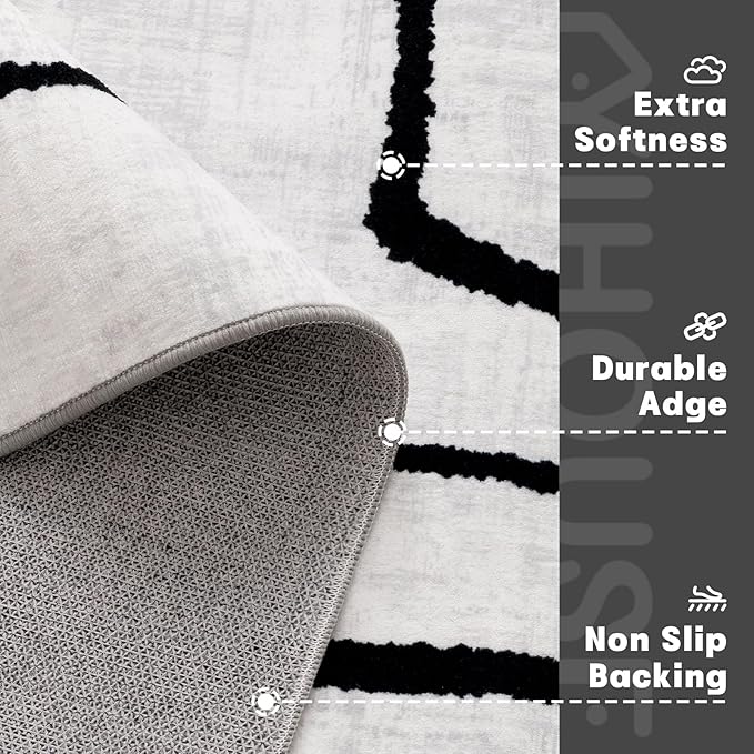 YIHOUSE 5x7 Washable Living Room Rug - Modern Abstract Black and White Area Rug Non-Slip for Bedroom Home Office (Abstract, 5'x7'ft)