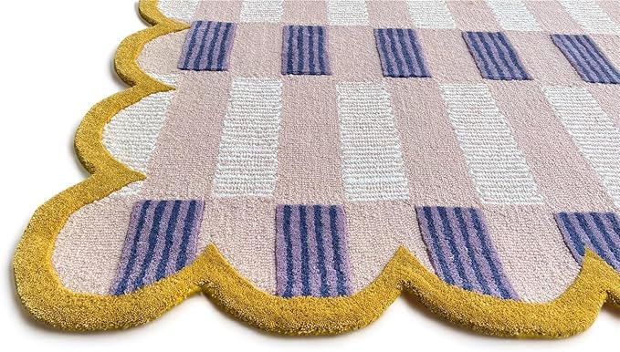 Hand-Tufted Wool Rug with Scalloped Edges, Light Blue Plaid Pattern, Cozy Soft Area Rug for Living Room, Bedroom, and Nursery, Handmade Modern Accent Rug (Pink, 7X10 FEET)