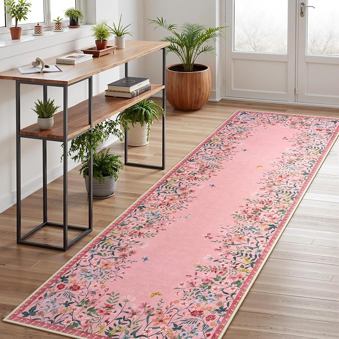 Lahome Boho Floral 2'6"x8 Pink Bathroom Runner Rugs Non Slip Washable,Soft Runners for Hallways,Indoor Carpet Runner with Rubber Backing for Entryway Kitchen Laundry(Pink,2'6"x8)