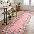 Lahome Boho Floral 2'6"x8 Pink Bathroom Runner Rugs Non Slip Washable,Soft Runners for Hallways,Indoor Carpet Runner with Rubber Backing for Entryway Kitchen Laundry(Pink,2'6"x8)