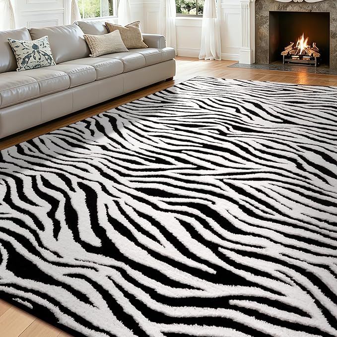 YIHOUSE 8×10 Ft Area Rugs, Black and White Modern Abstract Rug, Washable Plush Soft Zebra Print Carpet, Non-Slip Non-Shedding Rug for Grand Room, Bedroom, Dining Room, Nursery, Home Decor