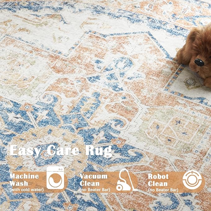 jinchan Round Rug 8ft Washable Area Rug Indoor Vintage Bedroom Floor Cover Distressed Circle Mat 8' Round Lightweight Non Slip Low Pile Thin Farmhouse Carpet for Living Room Dining Room Orange