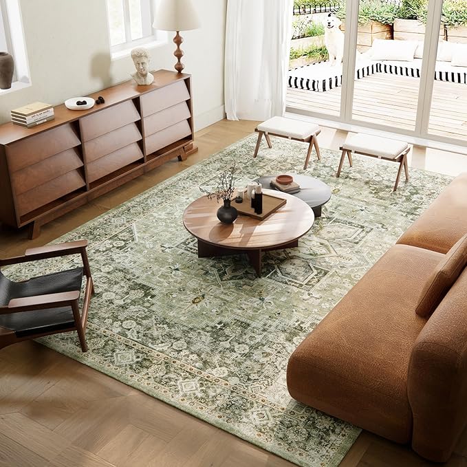 9×12 Machine Washable Rug for Living Room, Boho Vintage 9×12 Area Rug，Distressed Accent Low Pile Ultra Soft Large Carpet for Bedroom Bathroom Dining Room, Floral/Green