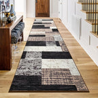 Indoor Runner Rug, Washable Runner Rug with Rubber Backing, Modern Geometric Patchwork Aesthetic Carpet for Bedroom, Living Room, Hallway, Entryway, Washable Rugs Rockwood Collection,2.7x8Ft Chocolate