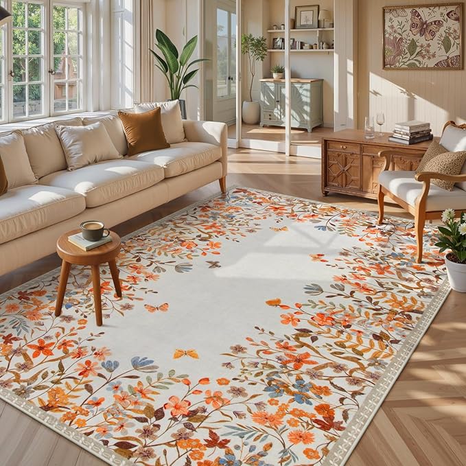Wonnitar Fall Washable 8x10 Rug for Living Room, Soft Halloween Rug Floral Area Rug for Bedroom, Non Slip Dining Room Botanical Floor Carpet for Kids Nursery Playroom Guest Room (Orange,8'x10')