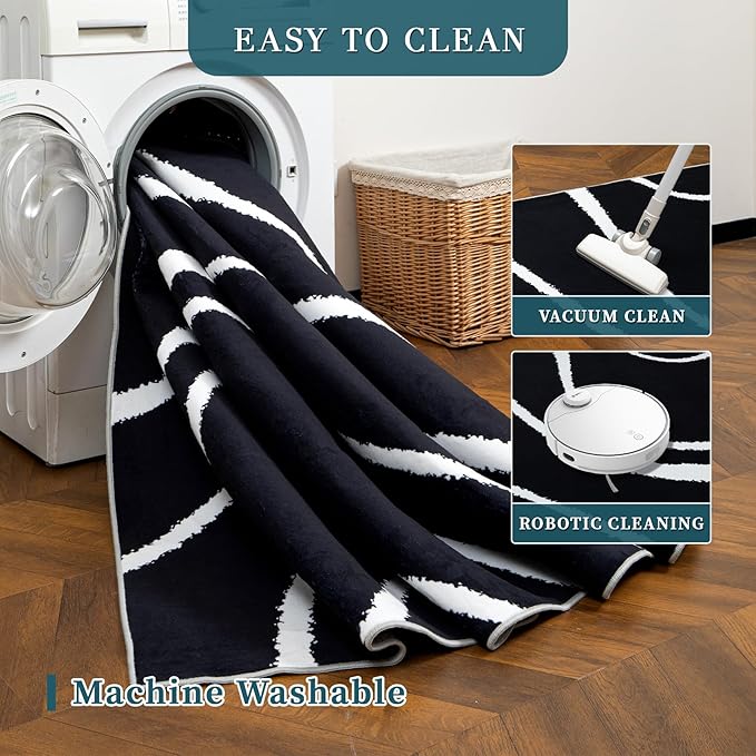 YIHOUSE Abstract Washable Rug 5x7,Ultra Thin Non Slip Black Rugs for Living Room,Modern Minimalist White Stripe Rugs for Bedroom,Dining Room Office Playroom (5'x7',Black-2)
