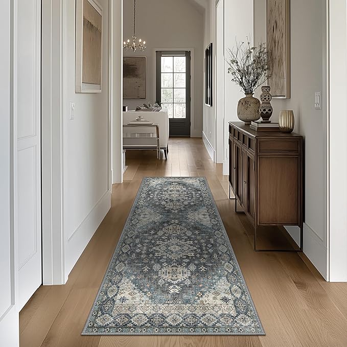 GENIMO 2x5 Washable Runner Rug for Hallway, Vintage Non Slip Low Pile Carpet, Soft Lightweight Printed Rug for Entryway, Kitchen, Corridor & Home Office, Slate Gray Blue