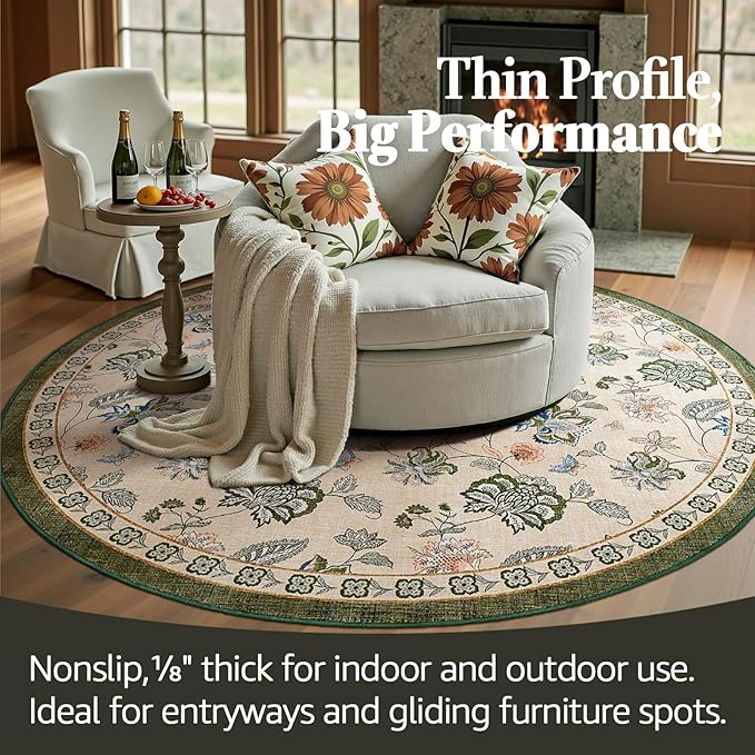 jinchan Elora 6ft Floral Round Rug for Dining Room Washable Living Room Rug Vintage Romance Design Non Slip Indoor Floor Cover Lightweight Low-Profile Throw Carpet for Bedroom Porch Patio, Green/Beige