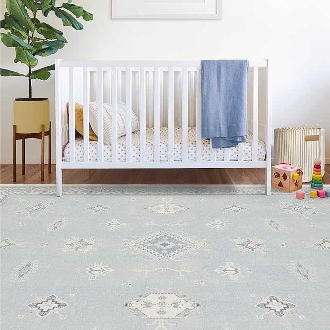 RUGGABLE Washable Vintage Area Rug – Verena Soft Blue 9x12, Stain-Resistant, Non-Slip – Large Machine Washable Rugs for Living Room, Bedroom, Hallway, Entryway & Office–with Cushioned Pad