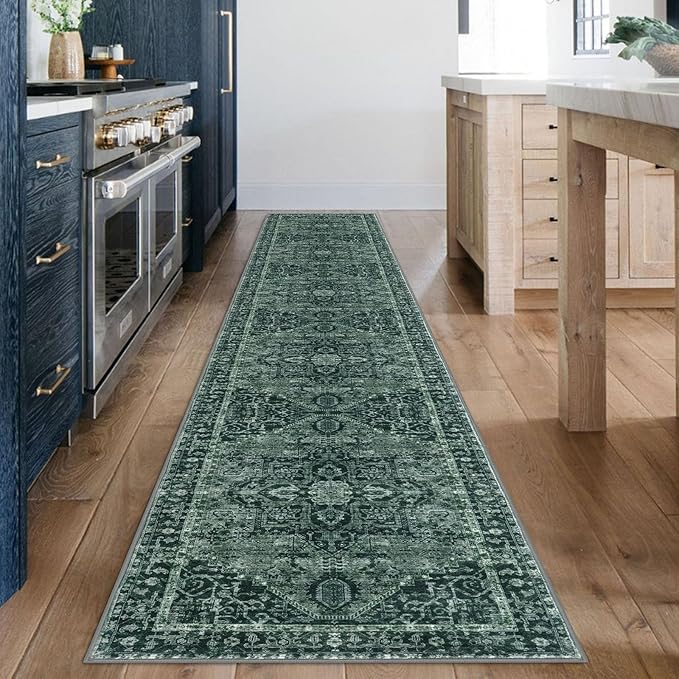 KOZYFLY Runners for Hallways 2x12 Ft Extra Long Washable Kitchen Runner Rug Boho Entryway Rug for Hallways Indoor Printed Faux Wool Stair Runner Carpet for Stairs Kitchen Hall, Dark Green