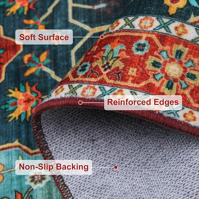WILLSUN Washable Area Rugs, 5x7 Non-Slip Boho Large Area Rugs for Living Room, Bedroom, Machine Washable Vintage Rug, Indoor Floral Print Carpet for Home Decor, Kid & Pet Friendly Mat