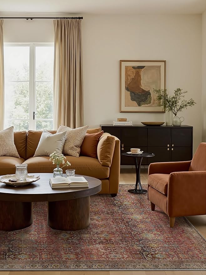 8x10 Area Rug Machine Washable Boho Rug for Living Room,Ultra-Thin Low Pile Carpet,Lightweight Indoor Printed Rug,Non Slip Floral Area Rug for Bedroom, Dining Room, Home Office,Burgundy Red