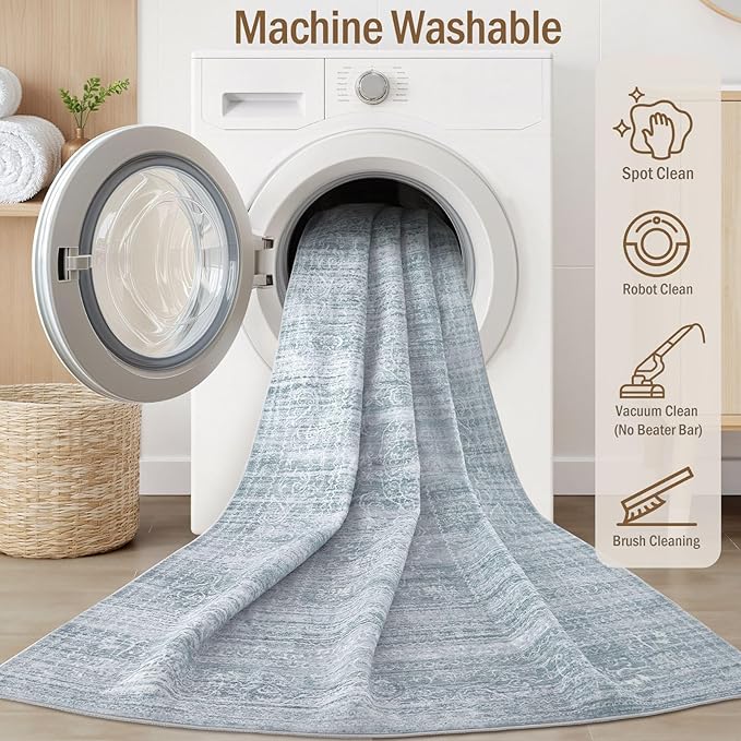 5x7 Area Rugs Living Room: Washable Large Vintage Blue Rug Neutral Non-Slip Soft Stain Resistant Indoor Carpet for Bedroom Nursery Dining Room Under Table Bed Home House Office Playroom