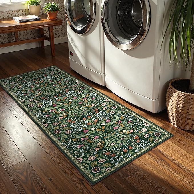 Lahome Floral Hallway Runner, 2x6 Green Washable Runner Rug for Kitchen Non Slip, Soft Stain Resistant Long Carpet for Bathroom Entryway with Rubber Backing