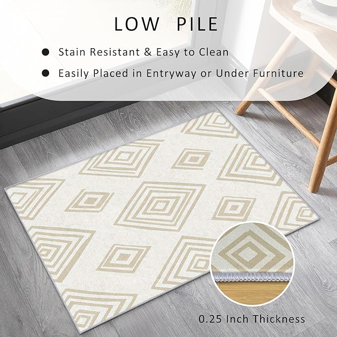 Washable 5x7 Modern Geometric Rug Living Room, Beige Abstract Diamond Design Area Rugs for Bedroom, Modern Geometric Home Decor Carpet, Low Pile, Non Slip, Kids & Pet Friendly (N4181)