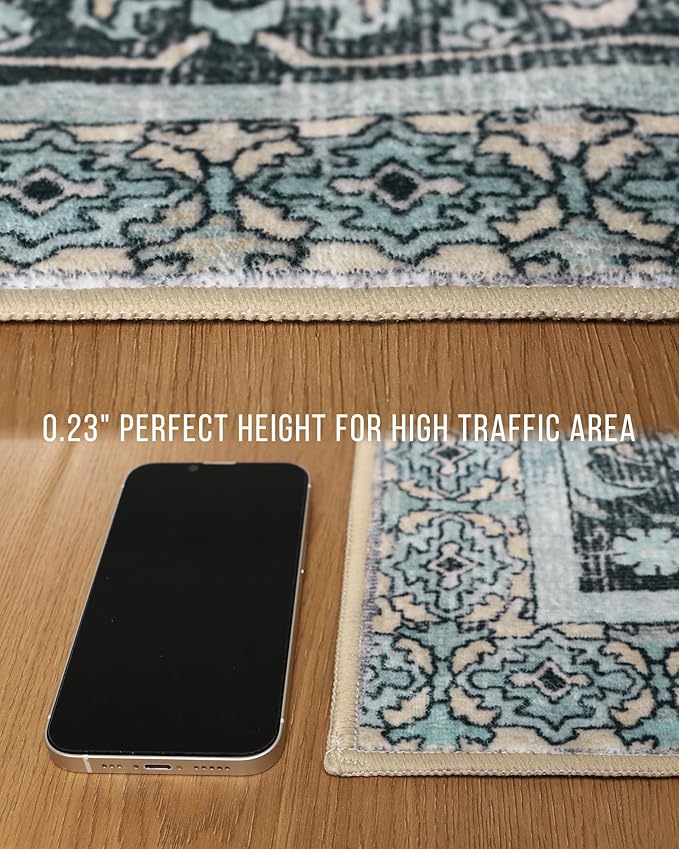 GENIMO 8X10 Area Rugs for Living Room, Machine Washable Vintage Floor Cover Foldable Modern Non Slip Rug, Low Pile Soft Indoor Carpet Floral Print Mat Rug,Bedroom/Dining Room/Home Office,Teal