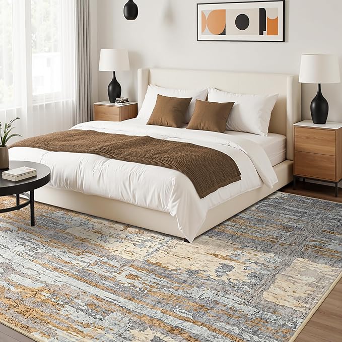 Toneed Abstract Area Rug Modern Washable Rug Soft Non Slip Rug Low Pile for Bedroom Living Room Dining Room Camel 8x10 Feet