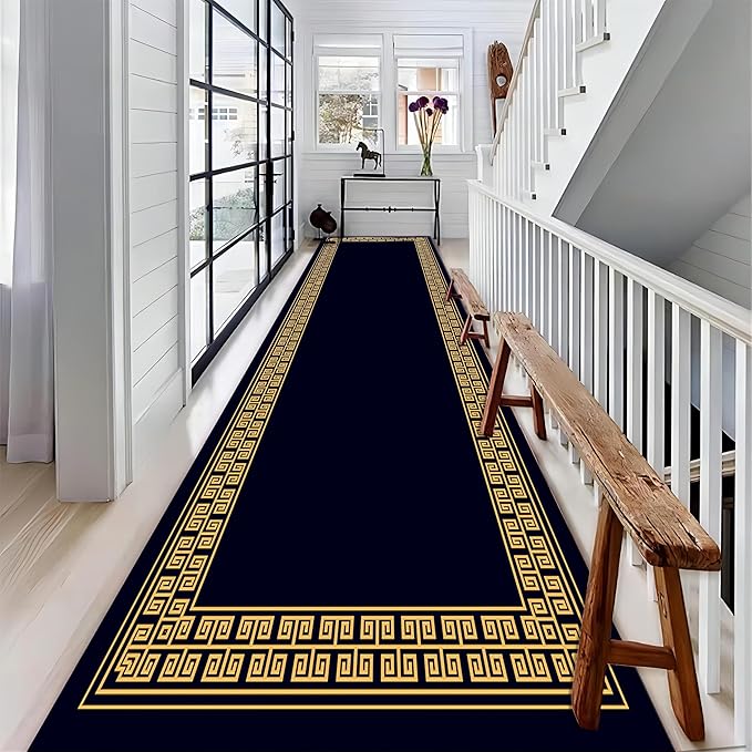 Modern Geometric Meandering Throw Carpet Runner for Entrance, 3.3x10ft, Orange Geometric Design Carpets for Entryway, Navy Blue Background Cozy Foldable Dirty Resistant Rug for Sofa Office