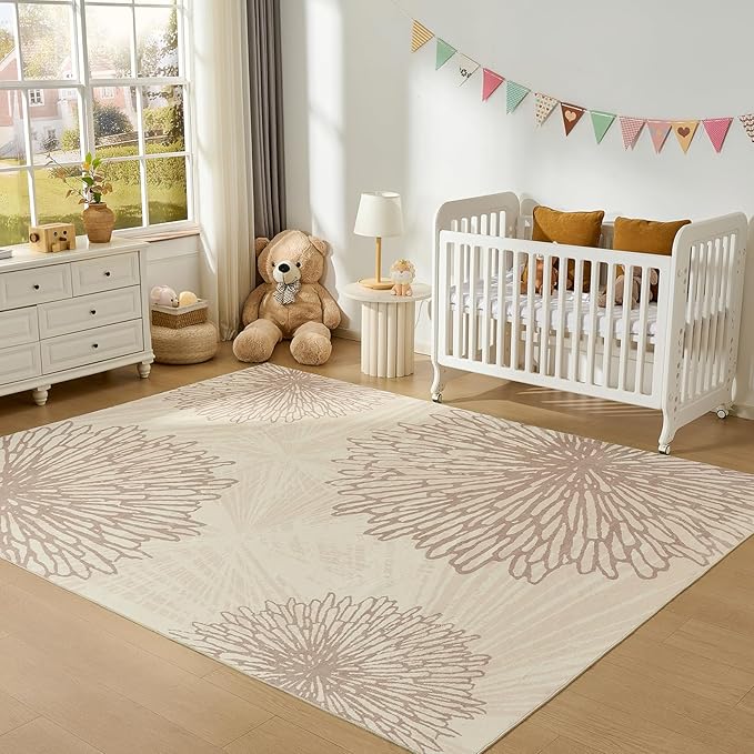 WITSHOCK 6x9 Area Rugs for Living Room: Beige Floral Washable Rugs for Bedroom Dining Room Office Nursery Modern Non-Slip Stain Resistant Low Pile Home Decor（Beige/Brown,6'x9'）