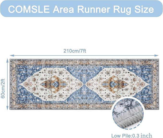 COMSLE Boho Runner Rug, 2 x 7 Ft Washable Area Rugs for Hallway Faux Wool Small Kitchen Distressed Throw Rug Non-Slip Laundry Room Carpet Runner for Entryway Indoor Door Mat Bedroom