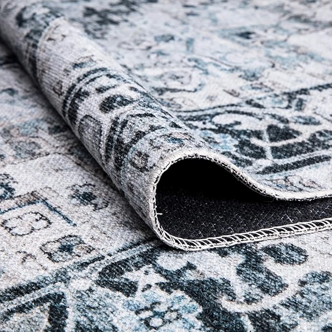 Bloom Rugs Caria Washable Non-Slip 4x6 Rug - Denim Blue Traditional Area Rug for Living Room, Bedroom, Dining Room, and Kitchen - Exact Size: 4' x 6'