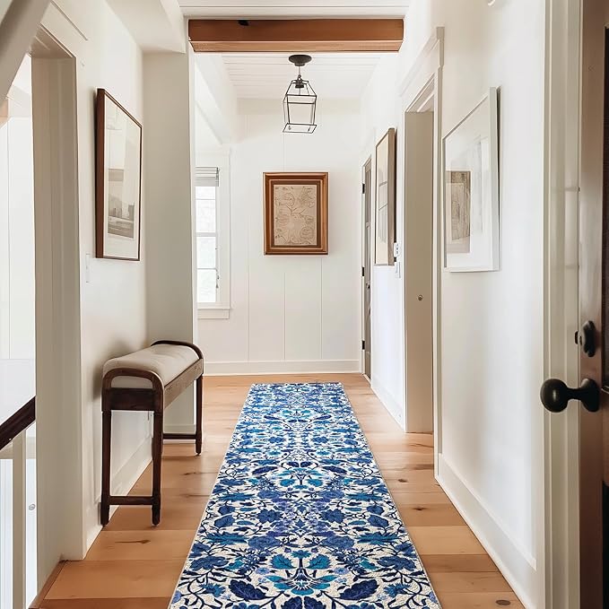 EVERGRACE Hallyway Area Runner Rugs 2x10, Boho Floral Faux Wool Indoor Outdoor Rugs, Washable Rugs for Bedroom Dining Room Living Room Kitchen, Low Pile Floor Mat Carpet for Home Decor, Celtic Blue