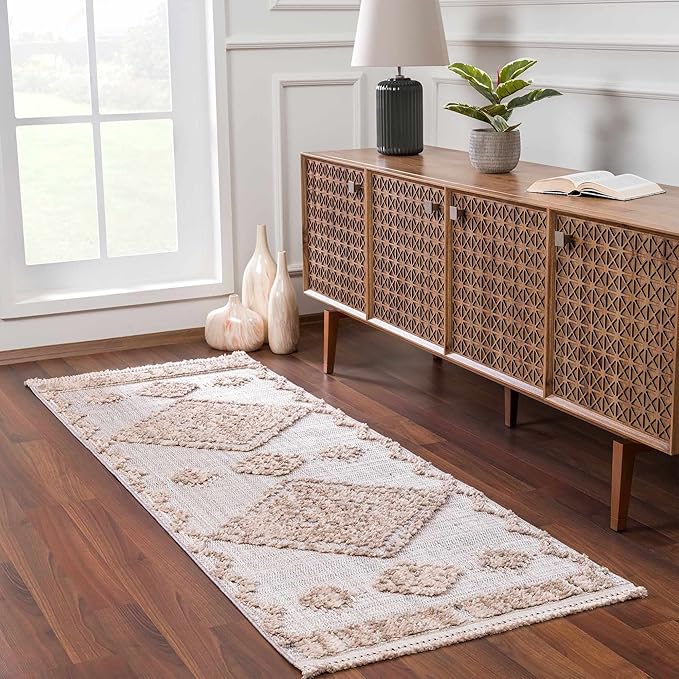 Hauteloom Ampusungan Modern Moroccan Medallion Farmhouse Living Room, Bedroom Area Rug - High Low - High Pile Carpet - Cream, Beige, Brown, Beige - 5'3" x 7'