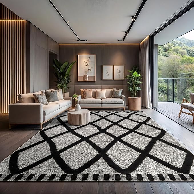 CAMILSON Modern Rug 10x14 Luxury Diamond Pattern Large Micro Loop Area Rugs Soft High-Low Pile Stain Resistant Easy to Clean Non-Shedding Durable Living Room Bedroom Indoor Carpet (Black/Gray)