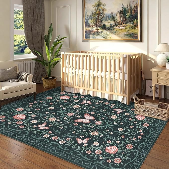 GarveeHome Area Rugs 9x12 Living Room Floral Rugs Non Slip Washable Large Bedroom Throw Carpet Stain Resistant Low Pile Black Bow Rugs Soft Boho Bow and Flower Carpets for Nursery Home Decor, 9x12