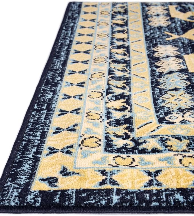 Unique Loom Taftan Collection Border Geometric Tribal Inspired Design Area Rug (3' 0 x 16' 5 Runner, Navy Blue/ Gold)
