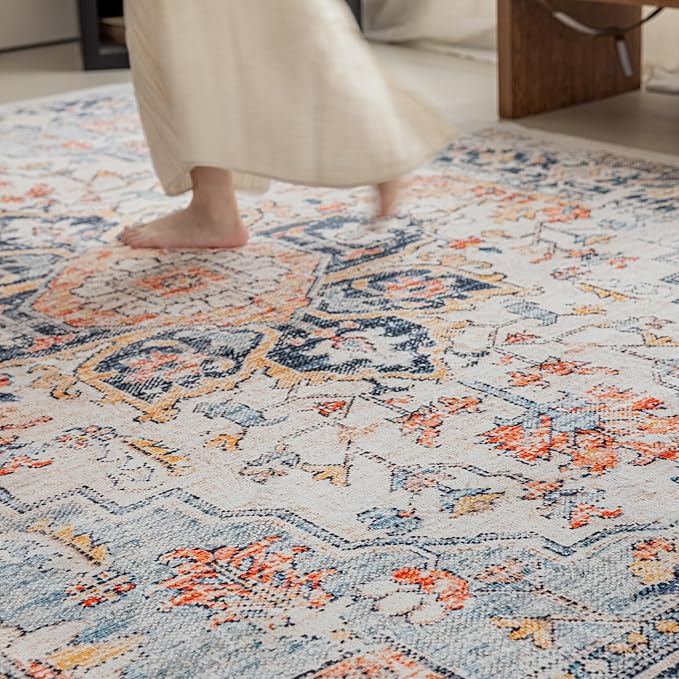 VK VK·LIVING 5x7 Area Rug Washable Rugs for Living Room Rug Vintage Design Boho 5x7 Rug with Non Slip Living Room Rug Bedroom Carpet Stain Resistant, Home Decor, Blue&Orange