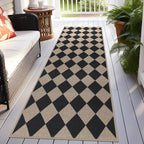 Easy Jute Checkered Runner Rug, 2.6x8 Black Modern Washable Rugs Runner for Hallway Non-Slip Kitchen Runner Rug, Geometric Diamond Indoor Outdoor Carpet for Porch Laundry Entryway