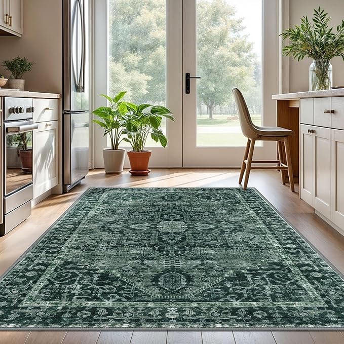 KOZYFLY Boho Area Rug 5x7 Ft Thin Washable Rugs for Living Room Faux Wool Throw Carpet Printed Non Slip Rug for Entryway Bedroom Dining Room Living Space, Dark Green