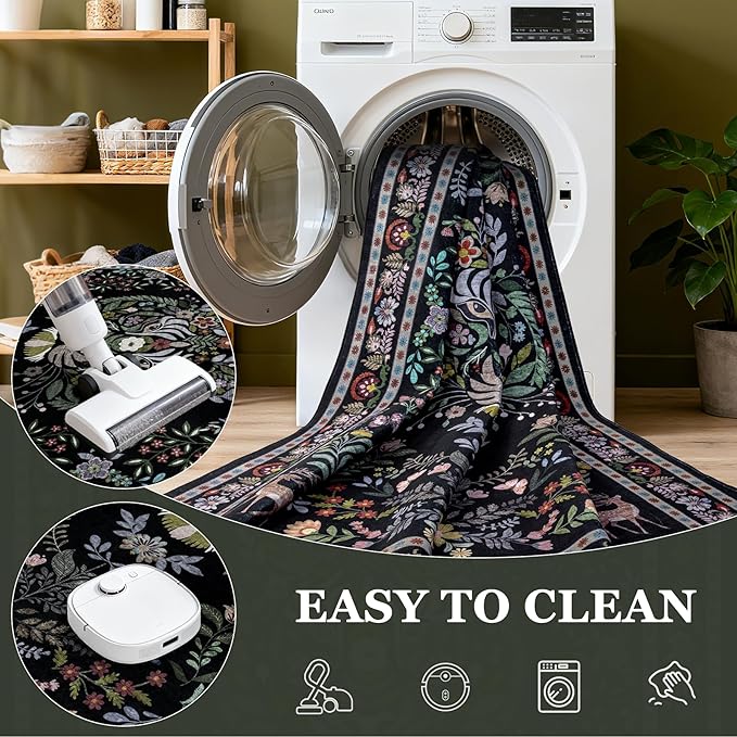 6x9 Area Rugs Living Room Rug: Vintage Washable Rug Floral Soft Carpet Indoor Floor Non-Slip Boho Stain Resistant Large Carpets for Bedroom Kids Nursery Dining Room Farmhouse Home Office Black