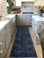 Wonnitar Washable Runner Rug for Kitchen, 2'6"x8' Moroccan Blue Hallway Carpet Runner, Non-Slip Long Geometric Rustic Entryway Floor Runner Soft Throw Mat for Bedroom Bathroom Closet (Blue,2'6"x8')