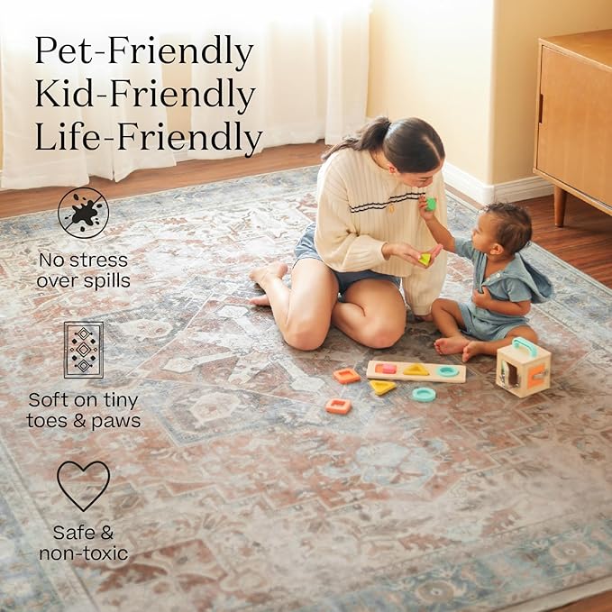 RUGGABLE Washable Vintage Area Rug – Verena Soft Blue 3x5, Stain-Resistant, Non-Slip – Small Machine Washable Rugs for Living Room, Bedroom, Hallway, Entryway & Office–with Cushioned Pad