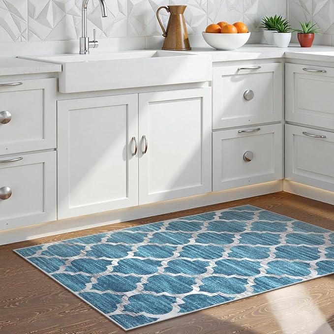 Lahome Moroccan Blue Kitchen Rugs - 2x4 Runner Rug Washable Small Rug Non-Slip Accent Distressed Throw Rugs Floor Carpet for Hallway Entryway Bedroom Laundry Room (2’ X 4’, Blue)