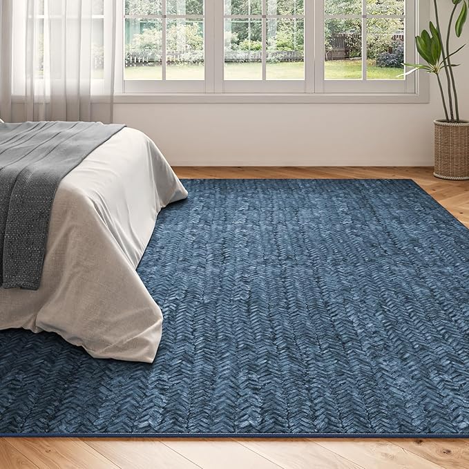 Eleisa Modern Vintage 5x7 Herringbone Chevron Area Rug for Living Room, Blue, Non-Slip Stain Resistant Washable Rug, Farmhouse Home Decor Carpet for Bedroom, Kitchen, Dining Room