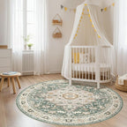 Round Rug Living Room Rugs: 8x8 Washable Boho Neutral Large Circle Soft Indoor Distressed Stain Resistant Floor Farmhouse Carpet for Bedroom Nursery Kids Playroom Office Dining Room Dorm- Green