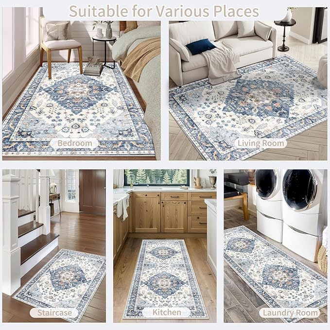 Enkor Area Soft Rugs 5x7 Washable Non Slip Boho Floor Rugs for Living Room Bedroom, Vintage Style Farmhouse Mat for Kitchen Entryway Blue & White
