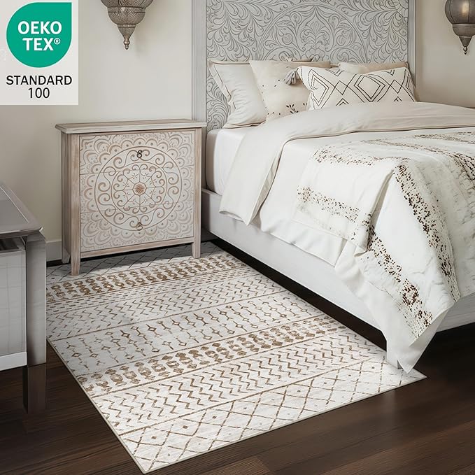 4x6 Machine Washable Area Rug for Living Room, Brown White Vintage Moroccan Rug Large Non-Slip Low Pile Soft Faux Wool Carpet, Kids and Pets Friendly for Bedroom Dining Room Farmhouse Home Decor Rug