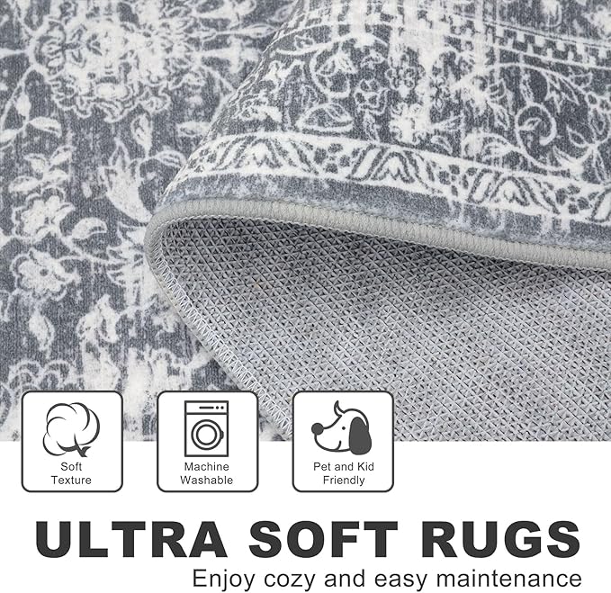 KILOCOCO Area Rug 4x6 Entryway Rug Washable Printed Vintage Floral Rubber Backed Non Slip Indoor Kitchen Rugs for Laundry Room Playroom Bedroom Living Room Moroccan Area Rugs, Grey